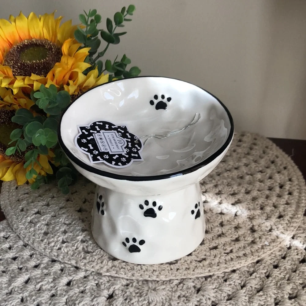 Ceramic Raised Pet Bowl with Black Paw Prints - White